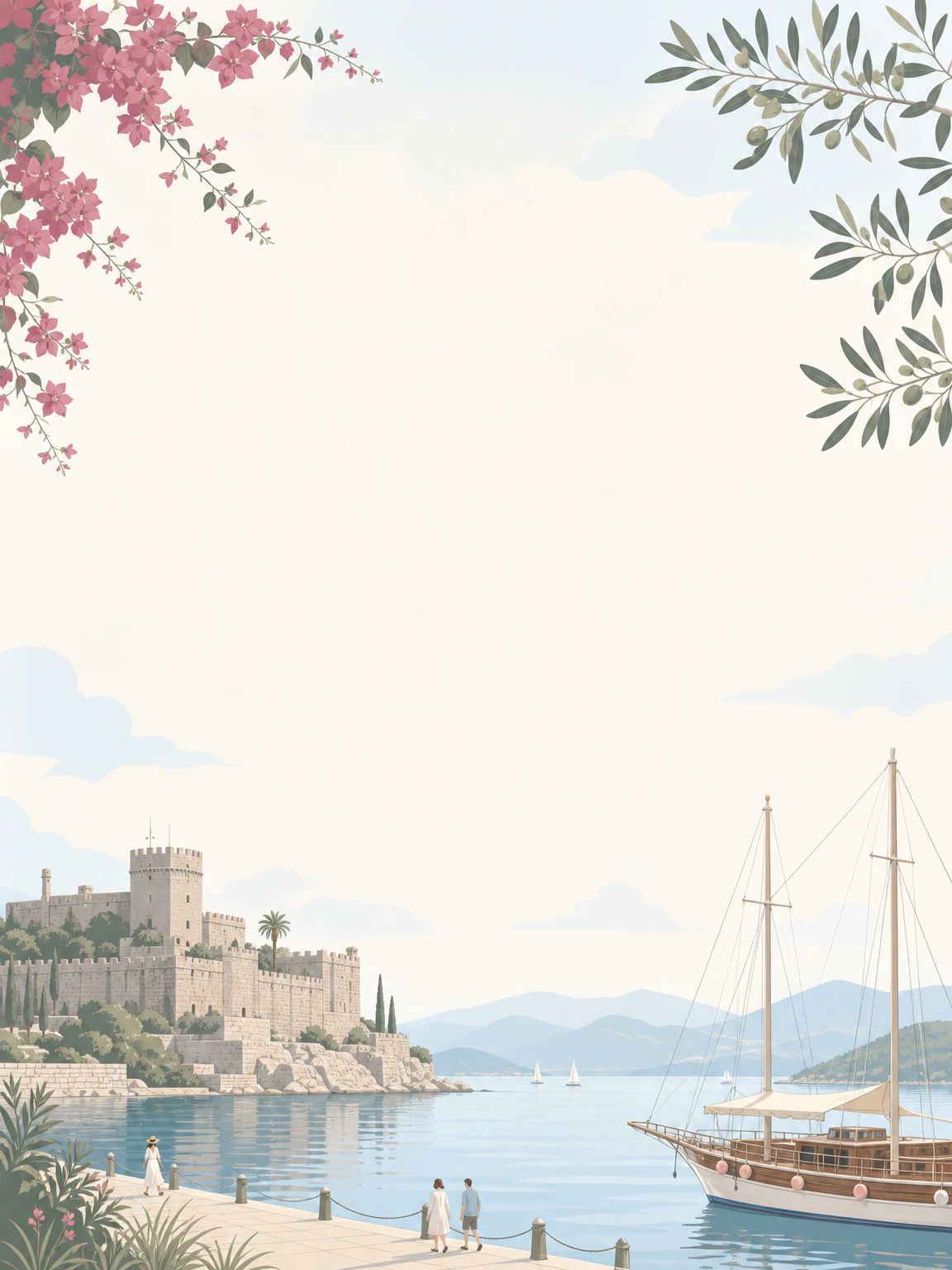 Bodrum Kalesi ve gulet detaylı Muğla davetiye arka planı