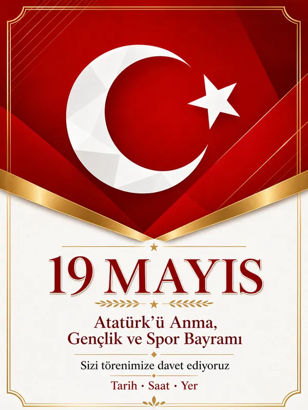 19 Mayıs Türk bayrağı kırmızı-beyaz geometrik temalı davetiye örneği