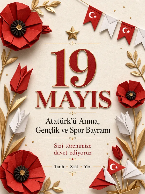 19 Mayıs origami kağıt çiçek temalı davetiye örneği
