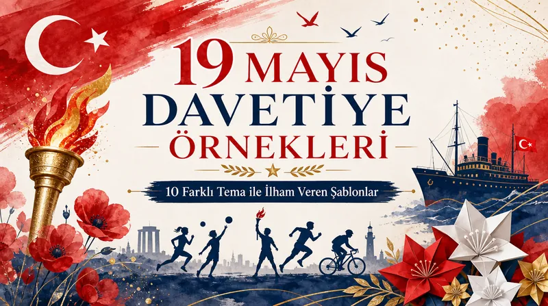 19 Mayıs Atatürk'ü Anma, Gençlik ve Spor Bayramı için temalı davetiye örnekleri kolajı.