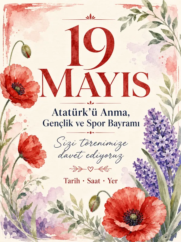 19 Mayıs suluboya bahar ve çiçek temalı davetiye örneği