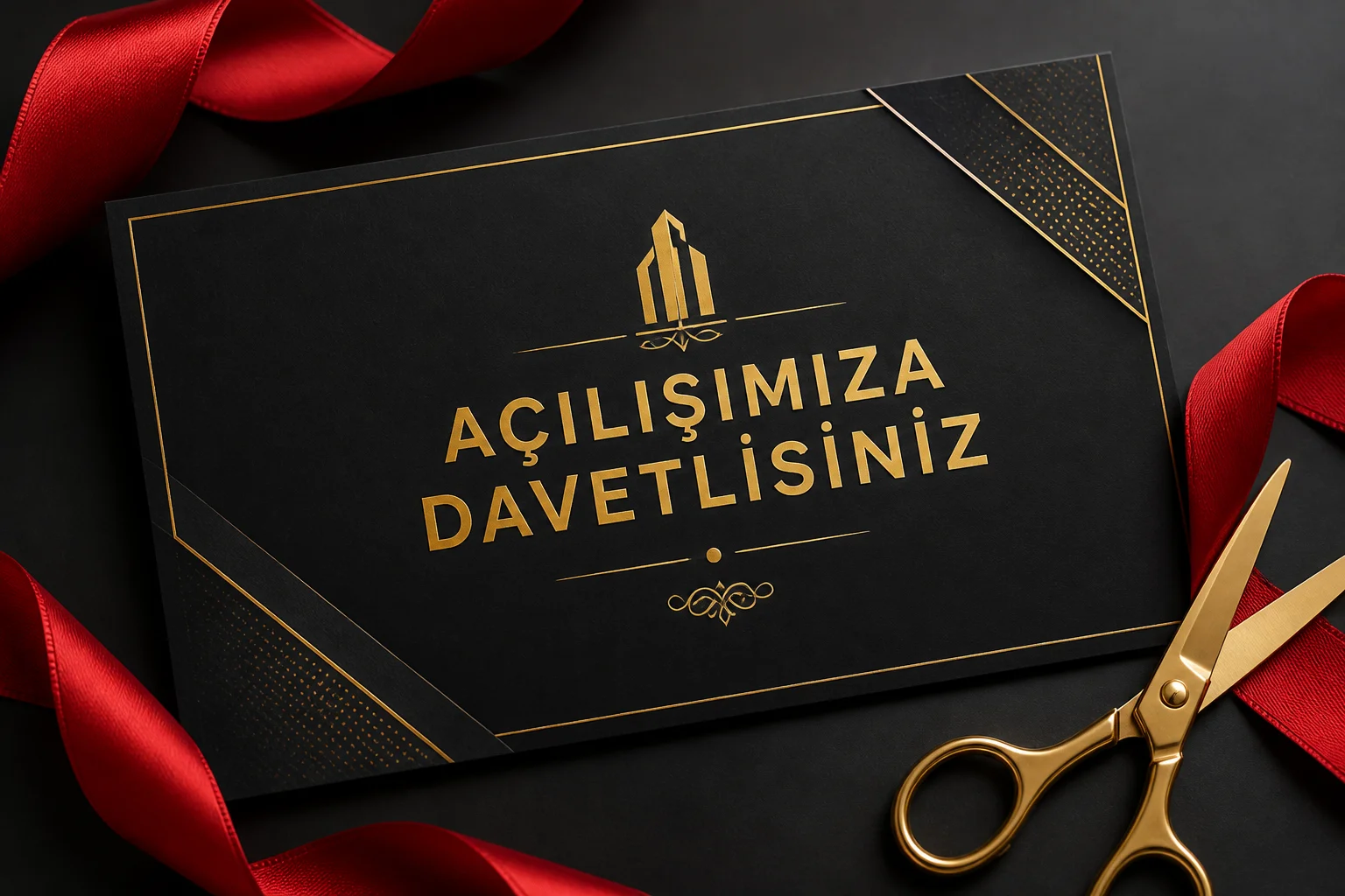 Modern iş yeri açılış davetiyesi, siyah zemin üzerinde altın yazılı kart ve kırmızı kurdele.