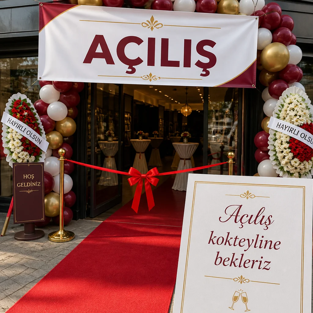 Mağaza açılış kurdele kesme töreni, "Açılış" yazılı banner ve davetiye kartı.