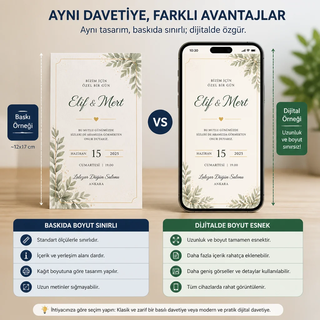 Baskılı davetiye ile telefondaki dijital davetiyenin yan yana karşılaştırması, boyut esnekliği vurgusu.