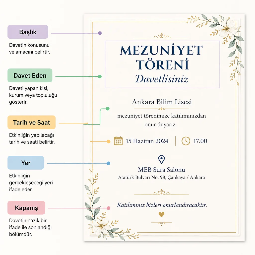 Bilgi etiketli infografik tasarım, davetiye üzerinde başlık, tarih, yer ve diğer bilgiler.