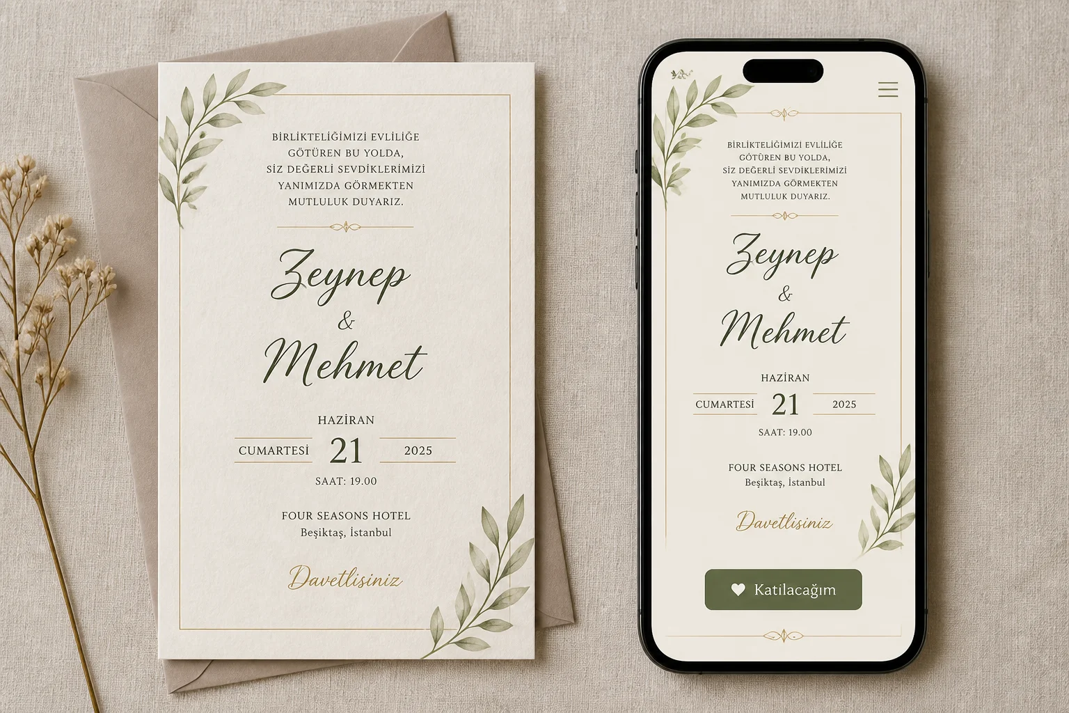 Baskılı davetiye kart ve telefon ekranında aynı davetiyenin dijital sürümü karşılaştırması.