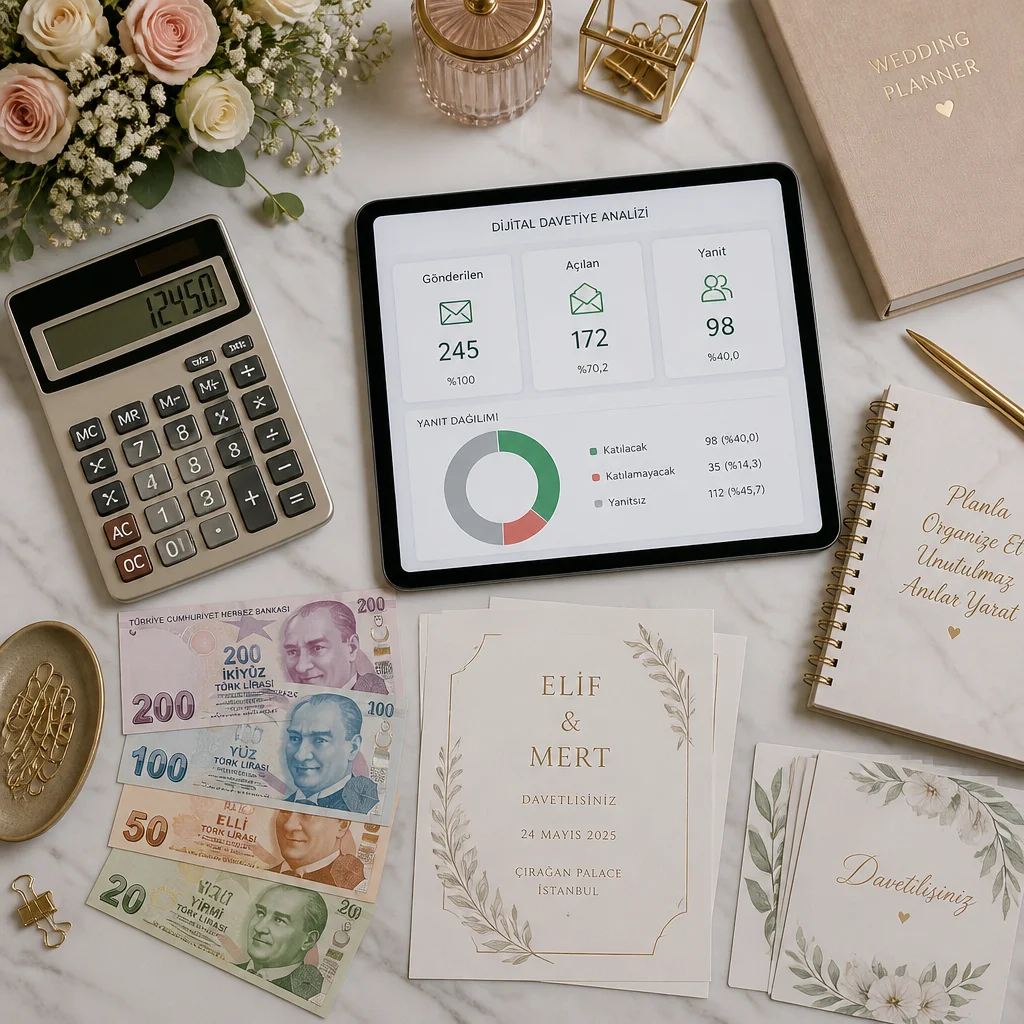 Düğün planlama masası, hesap makinesi, lira banknotları ve tablet ekranında RSVP analiz paneli.