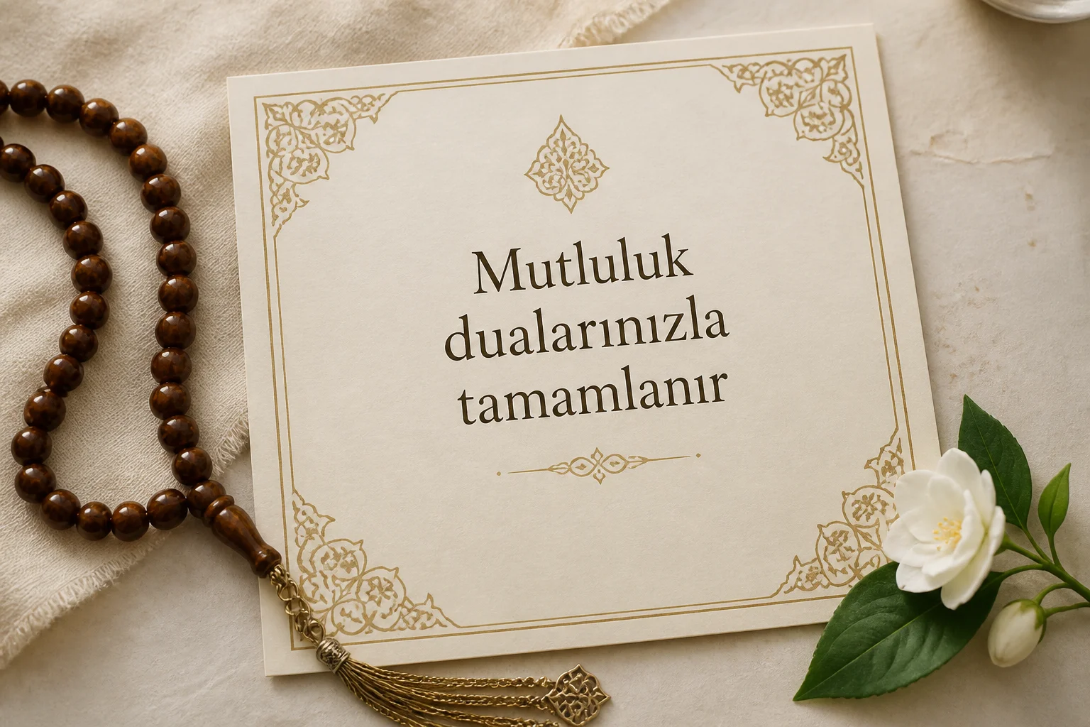 Krem kağıt üzerinde altın motifli dini davetiye sözü, yanında tesbih ve beyaz çiçek.