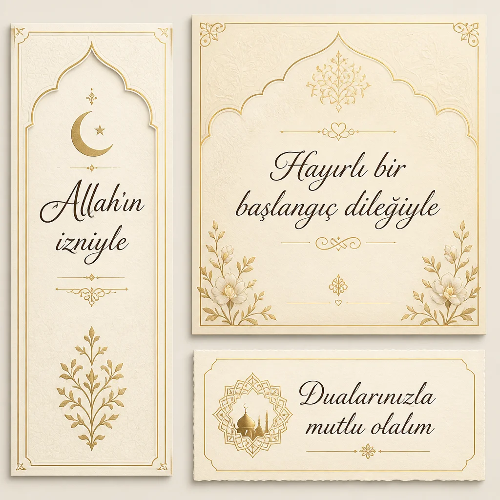 Üç stilde dini davetiye, kaligrafik metin, klasik gold detay ve sade serif tasarımlar.