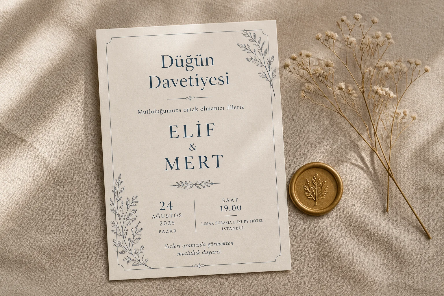 Modern düğün davetiyesi yazısı örneği krem renkli kağıt üzerinde sade serif tipografi.