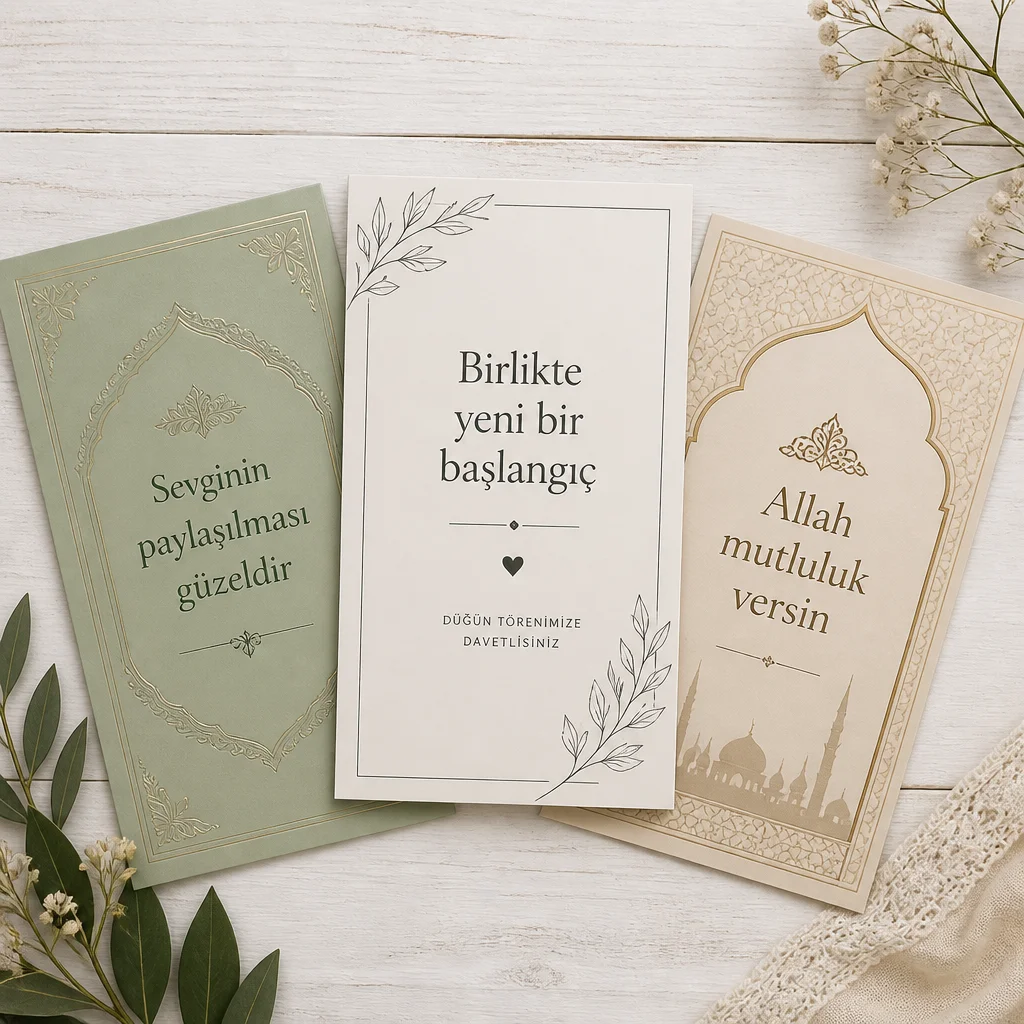 Üç farklı stilde düğün davetiyesi kartı, klasik, modern ve dini tasarımlar.