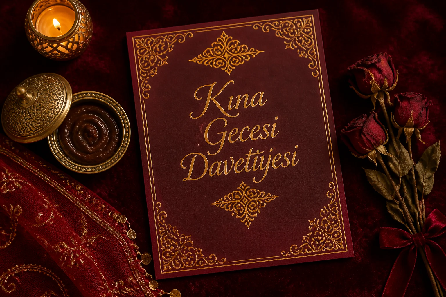Bordo kadife zemin üzerinde altın kaligrafili kına gecesi davetiyesi, kına tası ve kuru güller.