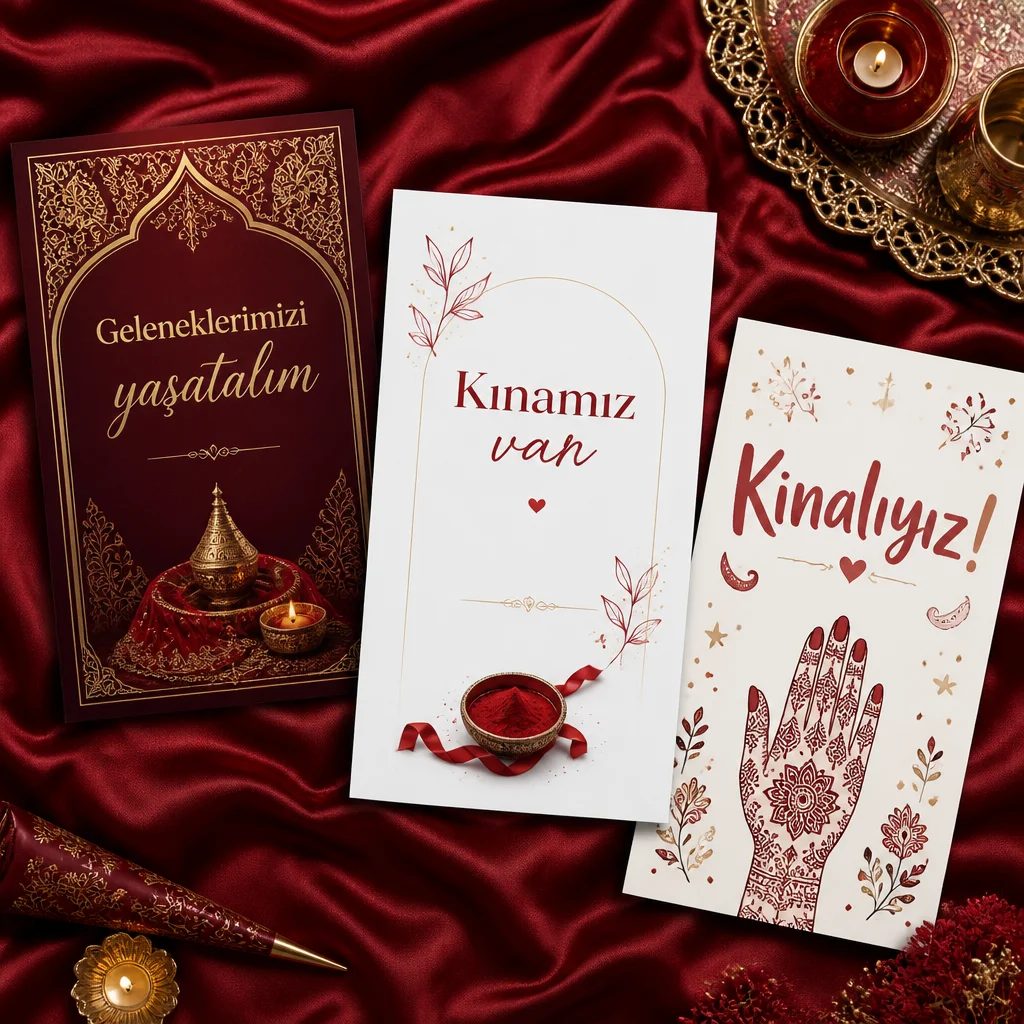 Üç stilde kına davetiyesi, geleneksel bordo gold, modern minimal ve eğlenceli henna tasarımları.