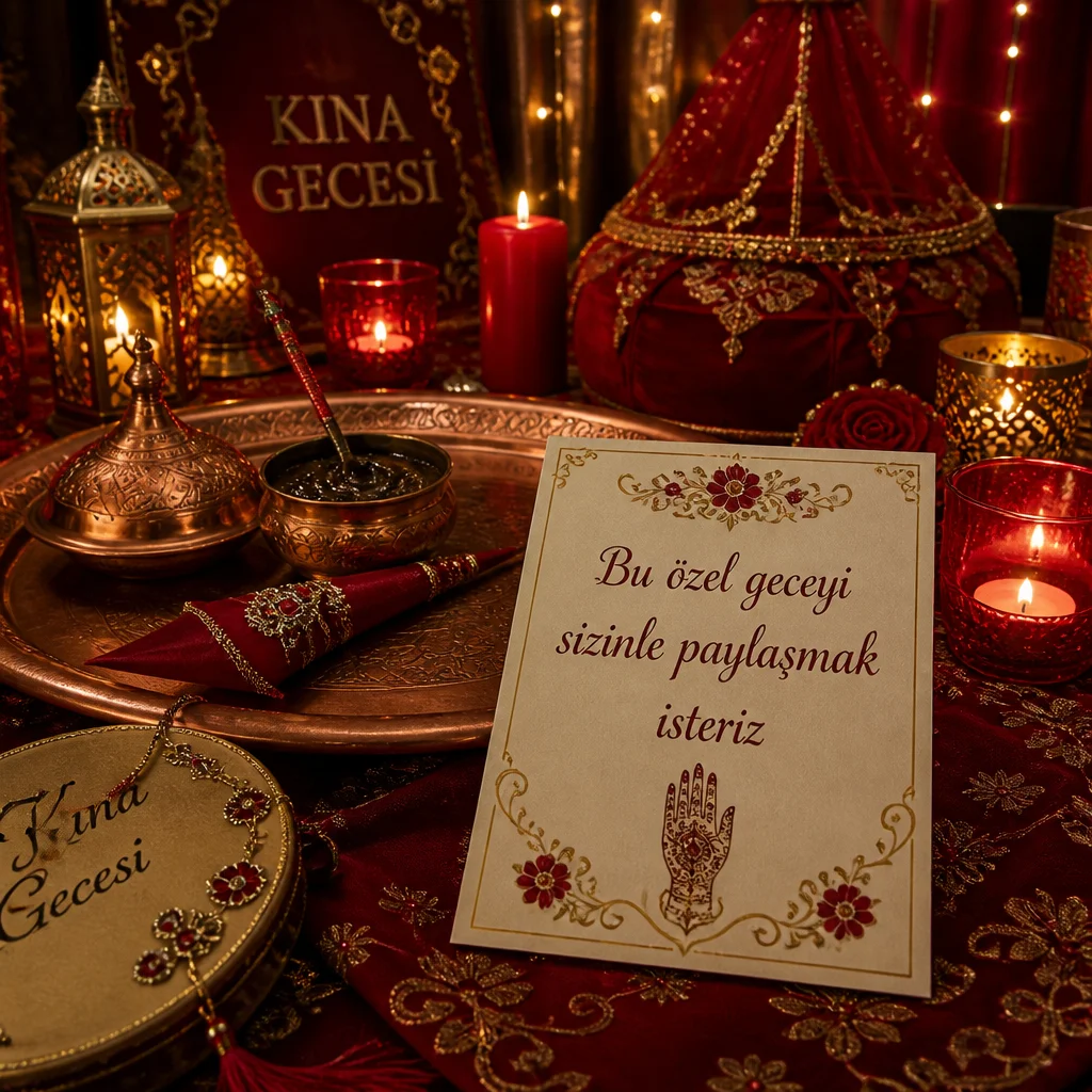 Festive kına gecesi sahnesi, kırmızı mumlar, bakır kına tepsisi ve davetiye kartı.