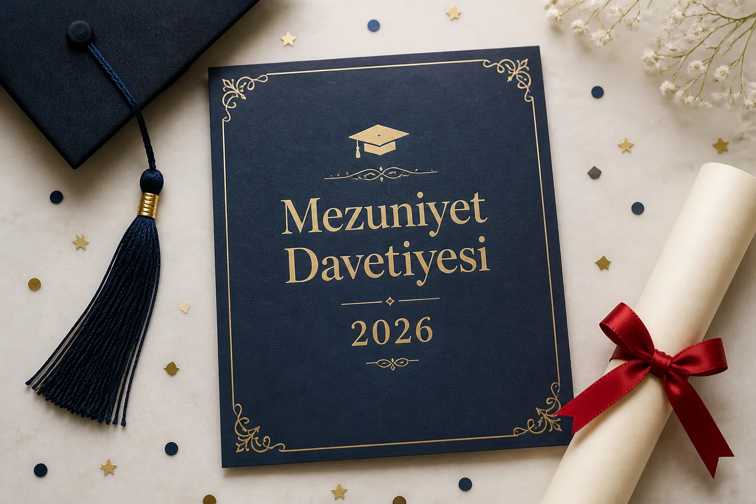 Mezuniyet kepi, diploma ruloları ve gold tipografili modern mezuniyet davetiyesi şablonu.