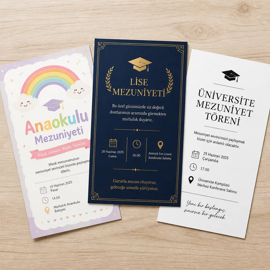 Üç farklı stilde mezuniyet davetiyesi, anaokulu, lise ve üniversite mezuniyet törenleri için.