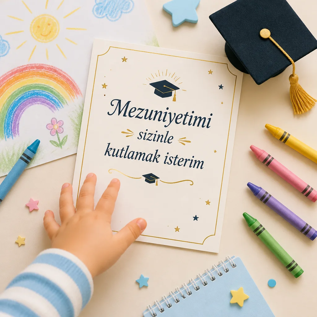 Çocuğun eli mezuniyet davetiyesine uzanırken etrafta boya kalemleri ve minik mezuniyet kepi.
