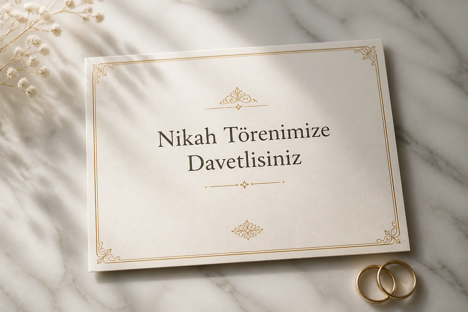 Mermer zemin üzerinde nikah davetiyesi kartı ve iki ince alyans.