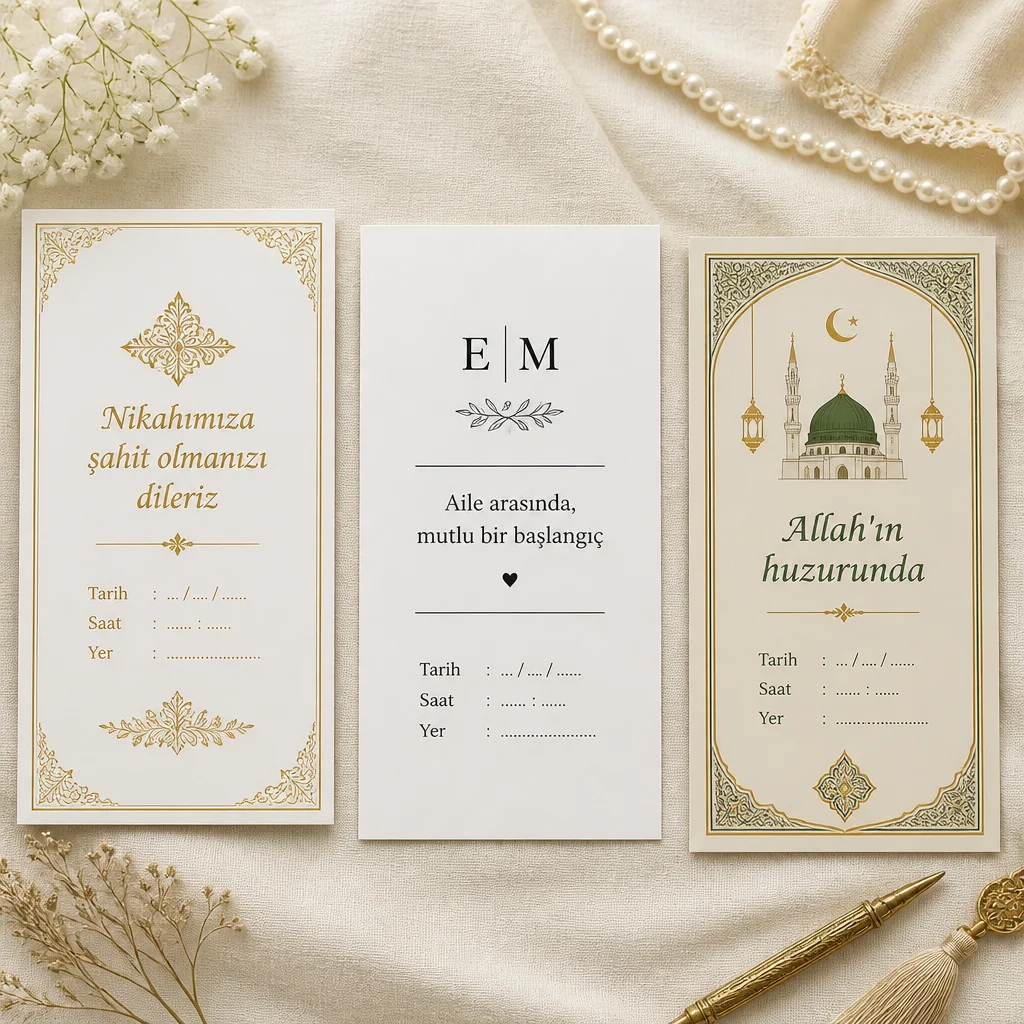 Üç farklı stilde nikah davetiyesi, klasik gold, modern minimal ve geleneksel motifli tasarımlar.