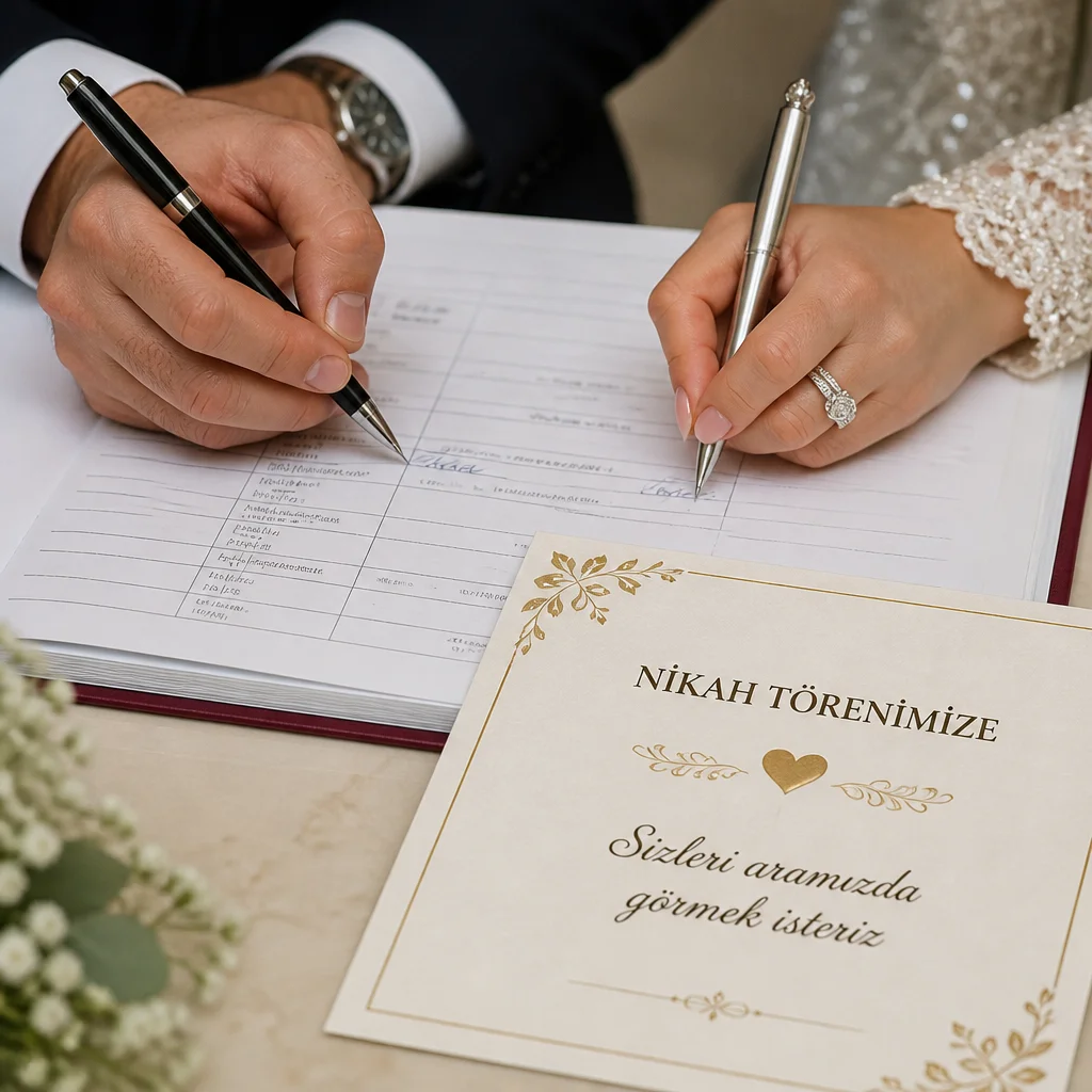 İki el nikah cüzdanı imzalarken, ön planda nikah davetiyesi kartı.