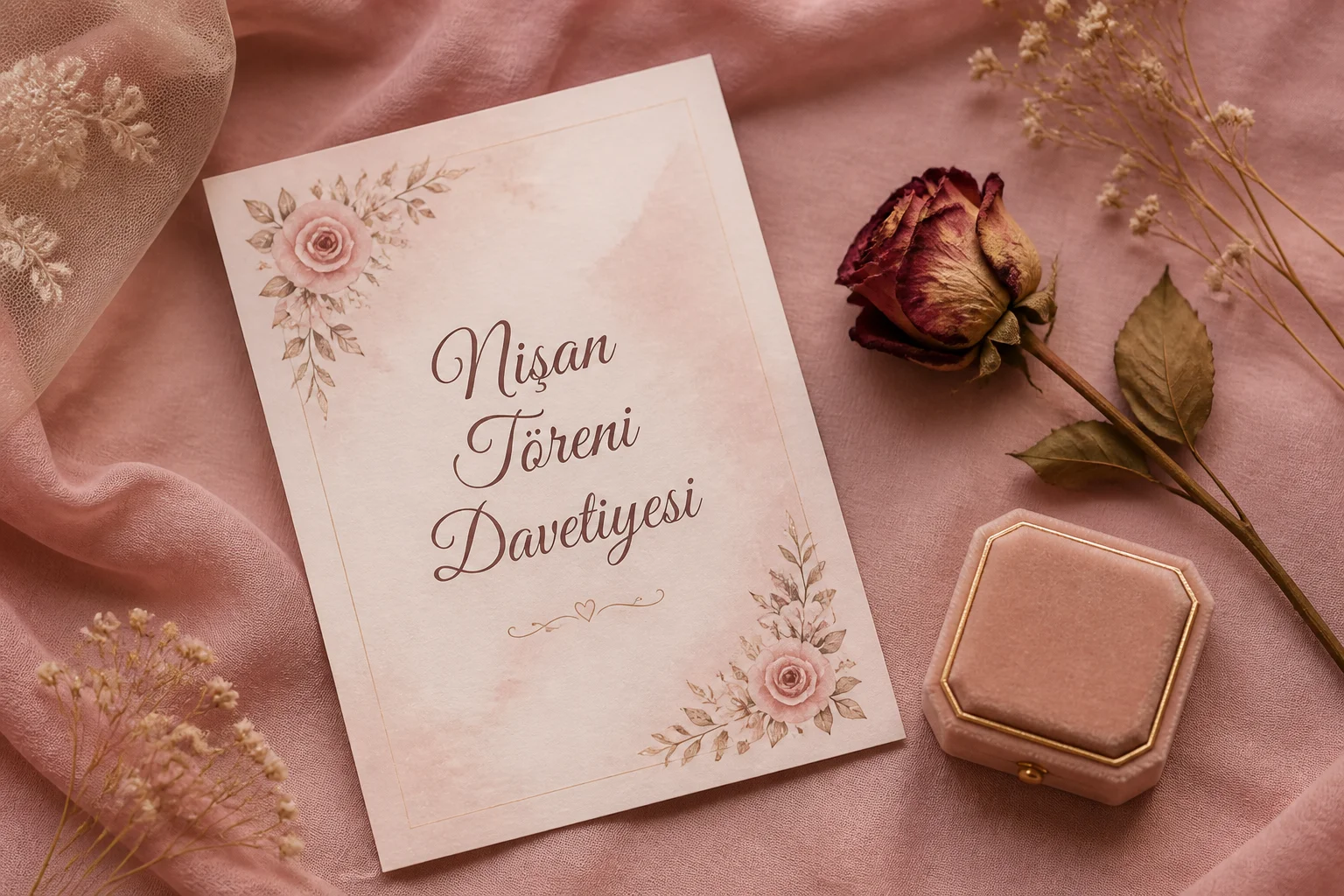 Pembe keten zemin üzerinde nişan davetiyesi kartı, kuru gül ve küçük yüzük kutusu.