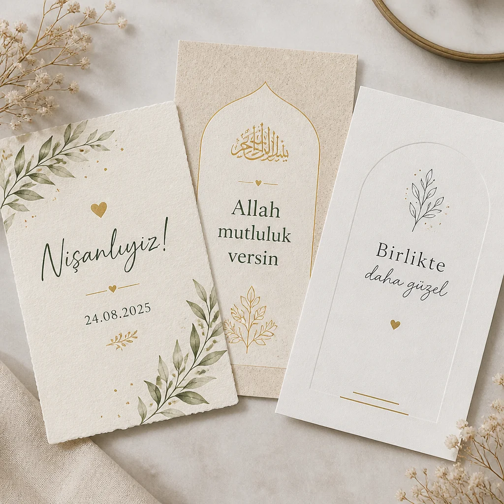 Üç farklı stilde nişan davetiyesi, kısa, dini ve modern minimal tasarımlar.