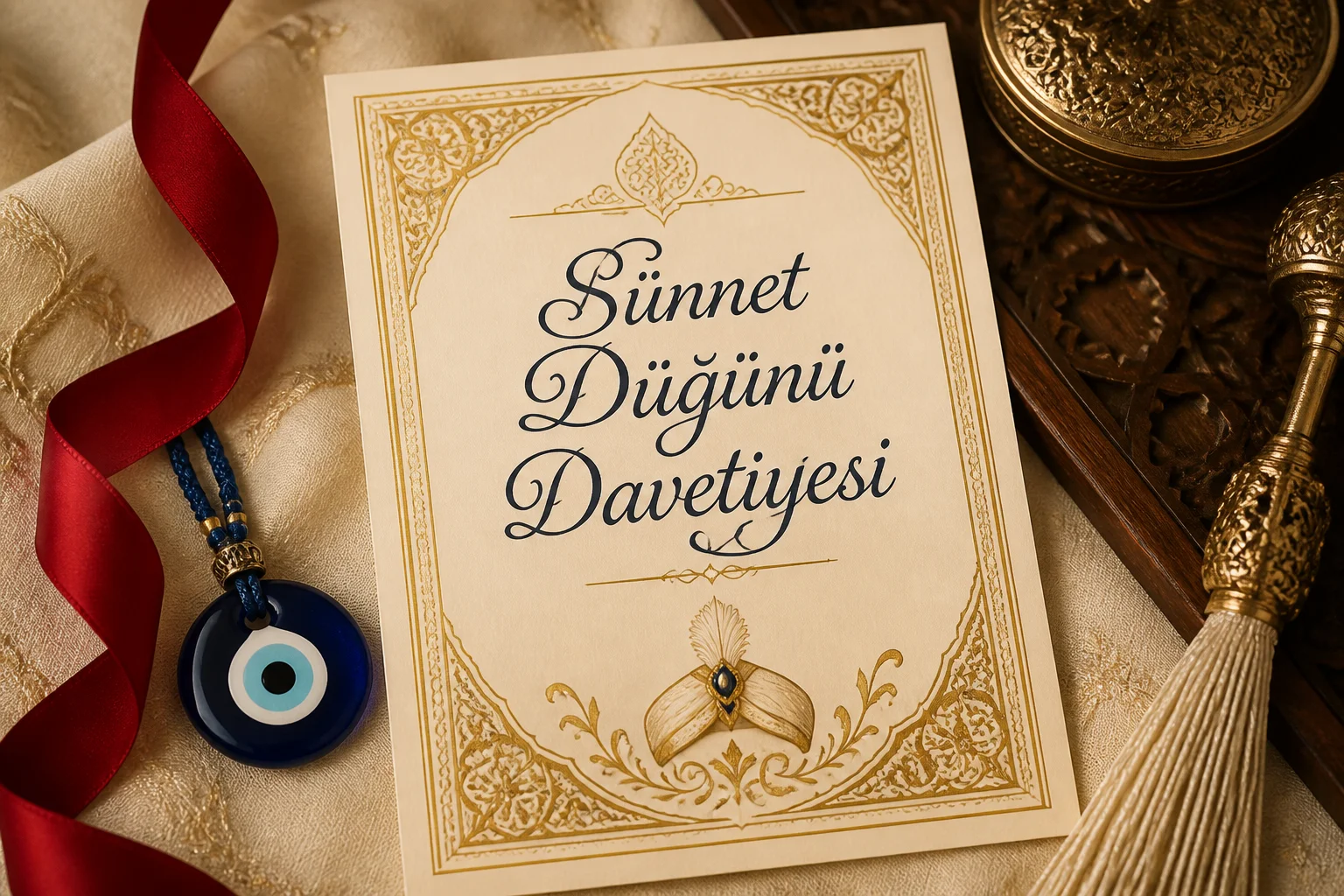 Geleneksel Türk sünnet düğünü davetiyesi, krem kağıt üzerinde ortta gold kaligrafi yazı.