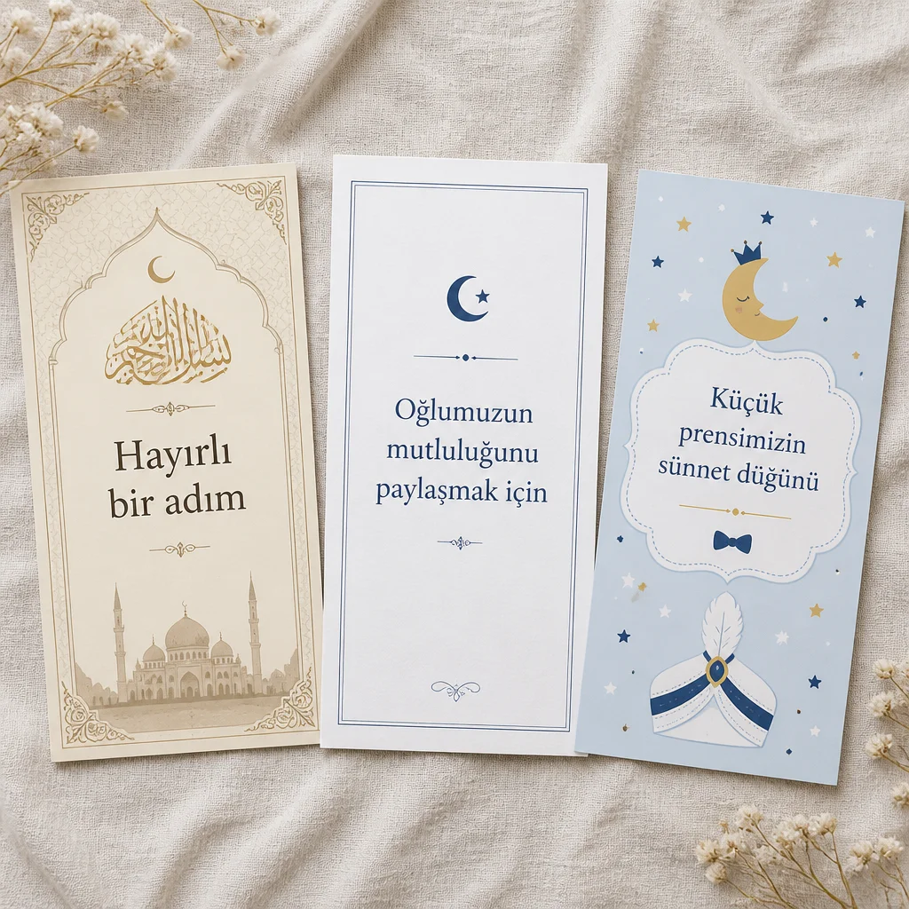 Üç stilde sünnet davetiyesi, geleneksel kaligrafi, modern minimal ve çocuksu temalı tasarımlar.