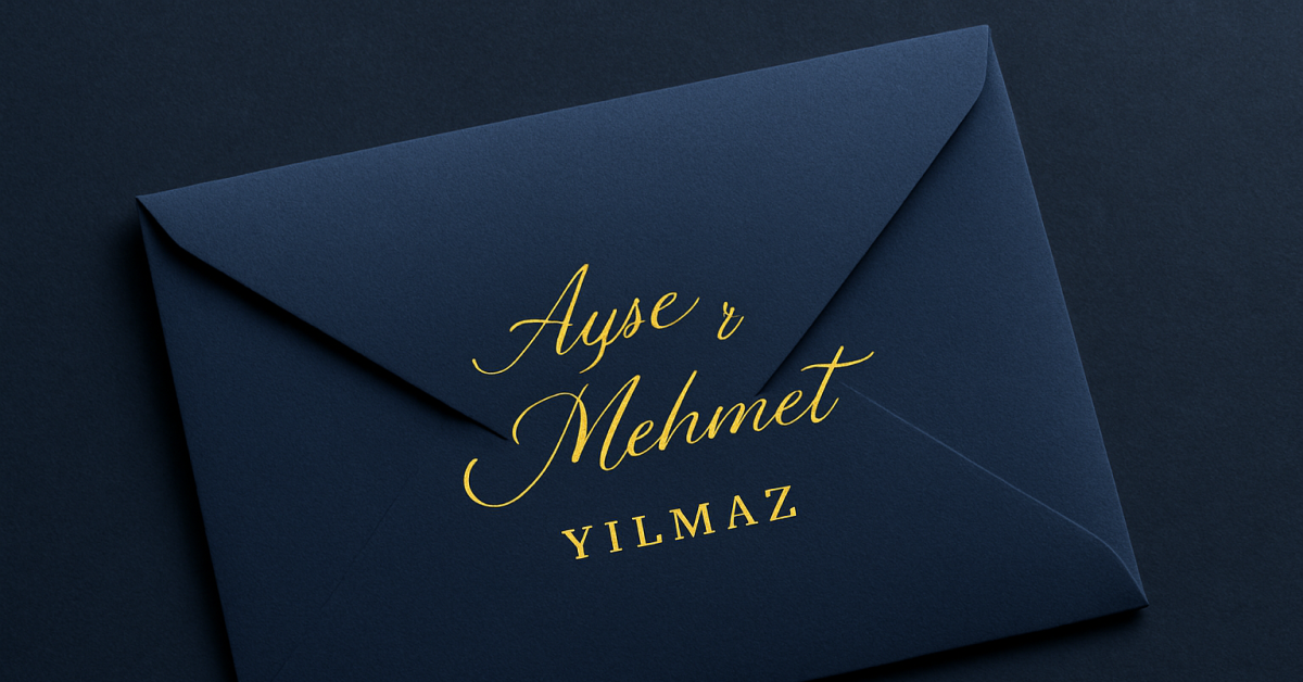 Altın varak kaligrafi ile yazılmış lacivert davetiye zarfı.