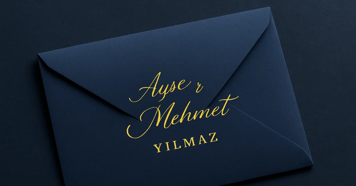 Altın varak kaligrafi ile yazılmış lacivert davetiye zarfı.