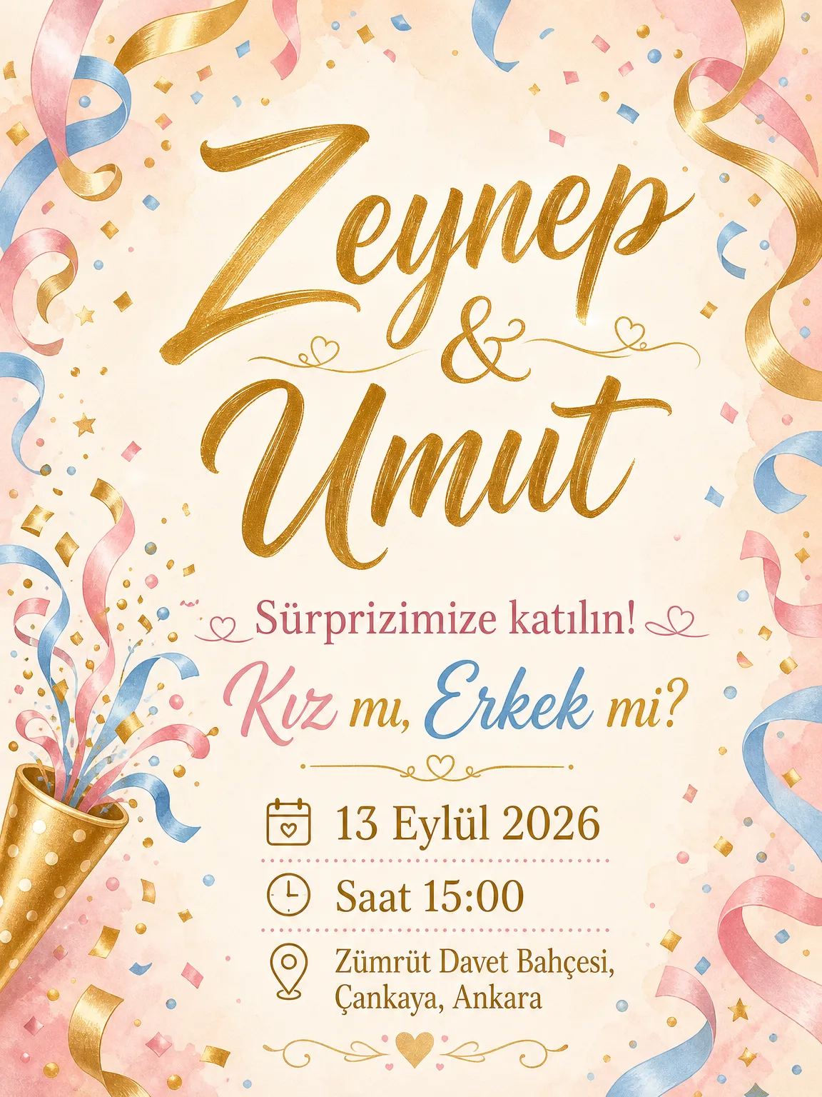 Altın konfeti kanonu ve pembe mavi kurdele şeritli şık cinsiyet partisi davetiyesi