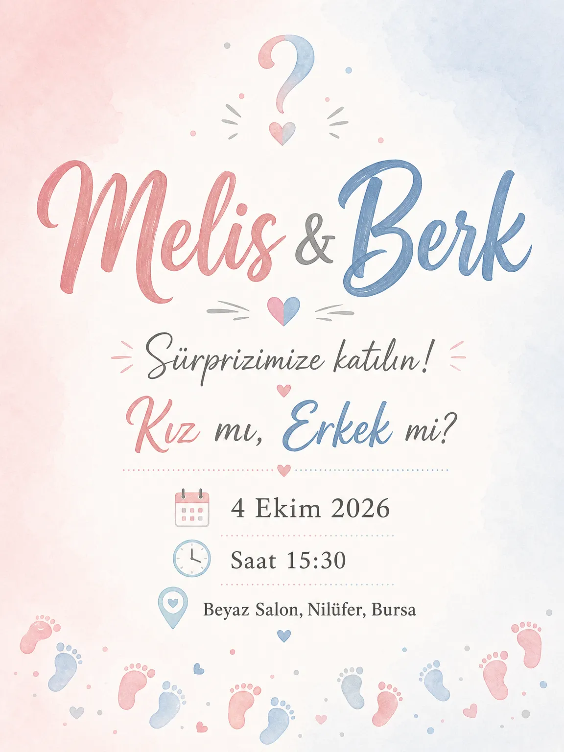 Minik bebek ayak izli pembe mavi geçişli sade modern cinsiyet partisi davetiyesi