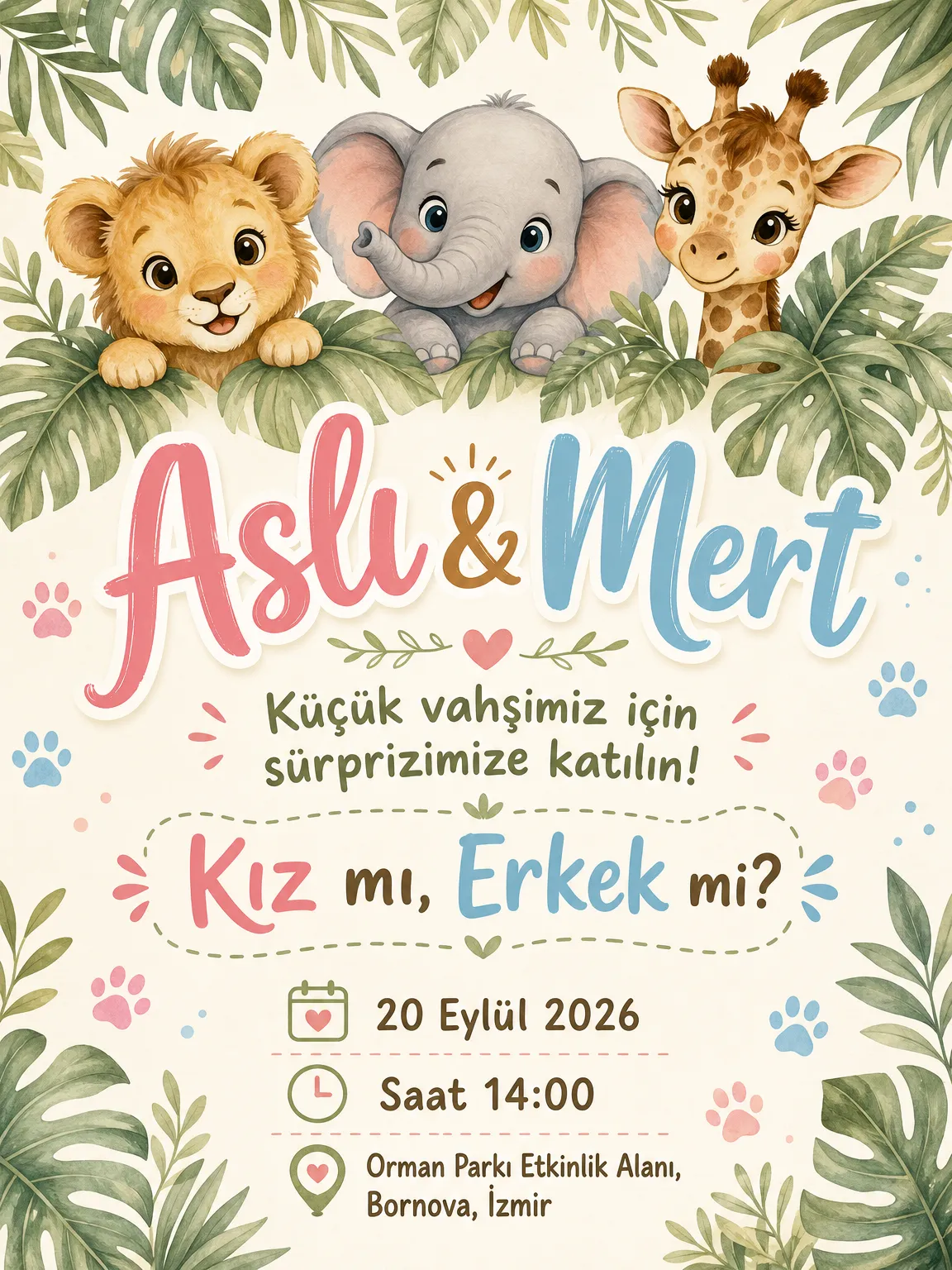 Sevimli safari hayvanı ve orman yaprağı motifli macera dolu cinsiyet partisi davetiyesi