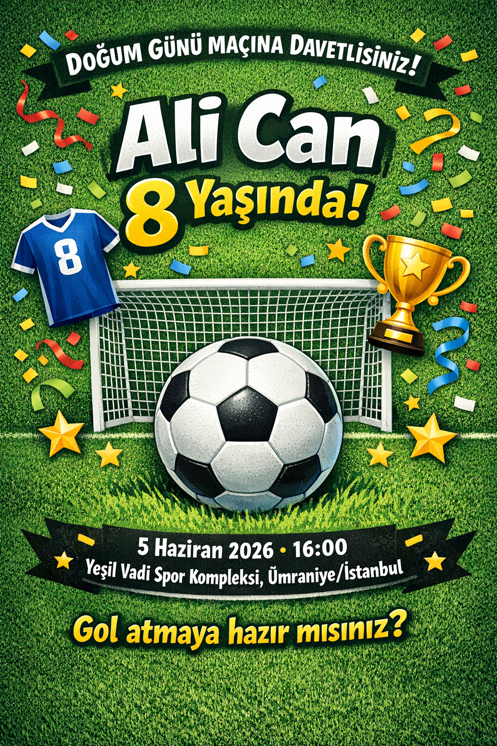 Futbol temalı erkek çocuk doğum günü davetiyesi