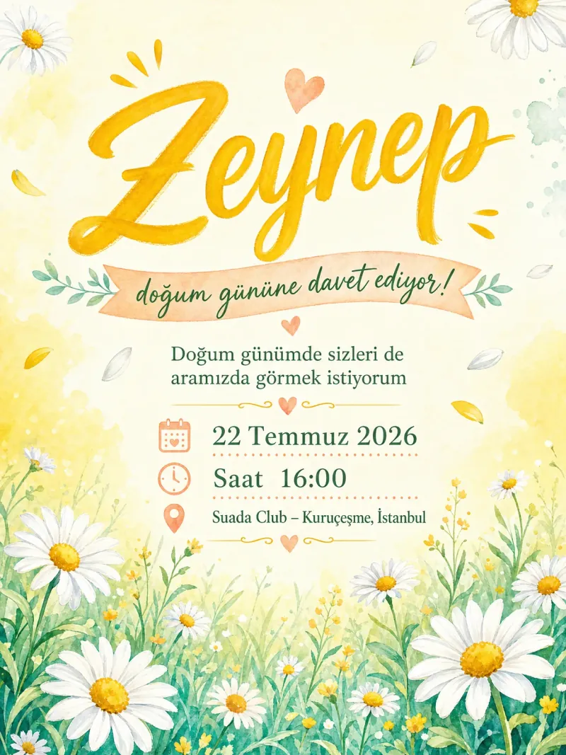 Suluboya papatya tarlası ve neşeli yaz tonlarında doğum günü davetiyesi