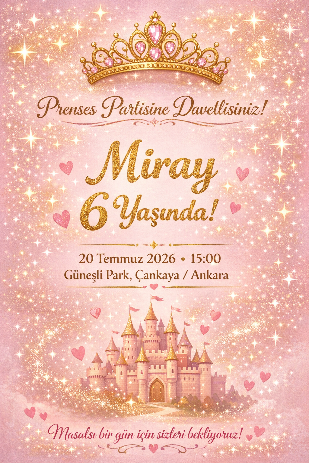 Pembe prenses temalı doğum günü davetiyesi