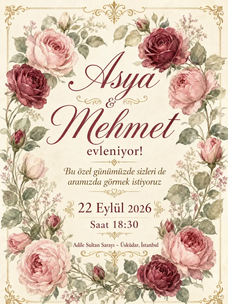 Antika bordo bahçe gülleri ve vintage tonlarda zarif düğün davetiyesi