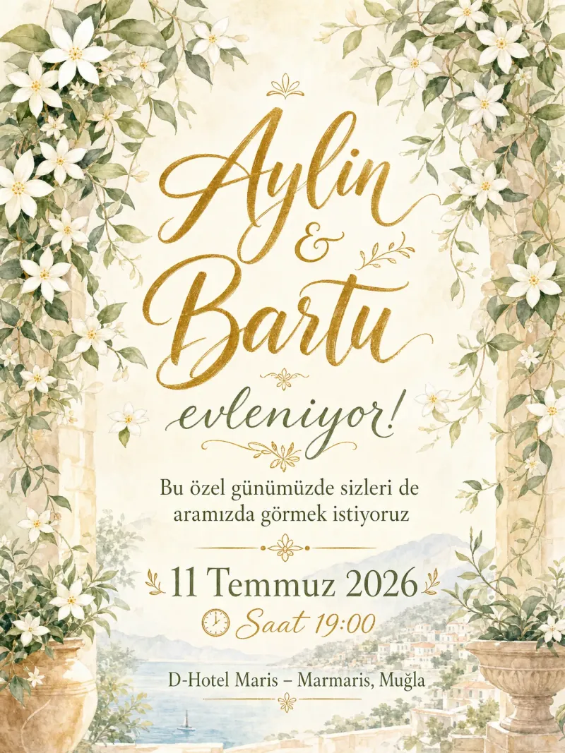 Tırmanan yasemin sarmaşıkları ve Akdeniz esintili düğün davetiyesi