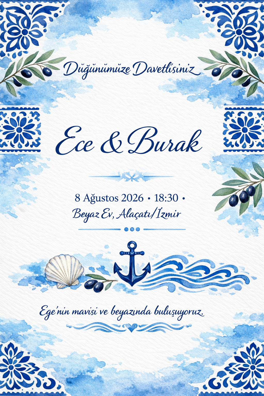 Ege mavi beyaz düğün davetiyesi