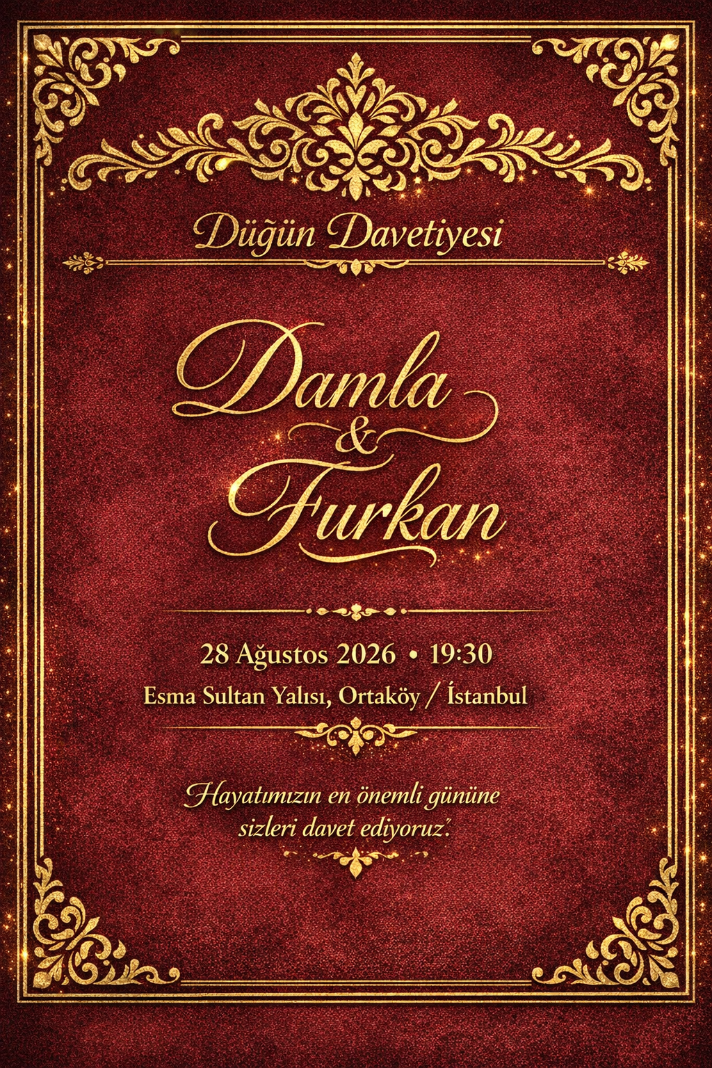 Bordo ve altın düğün davetiyesi