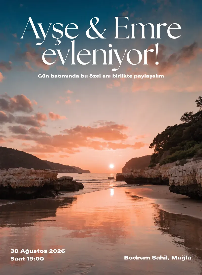 Gün batımı sahil manzaralı romantik düğün davetiyesi