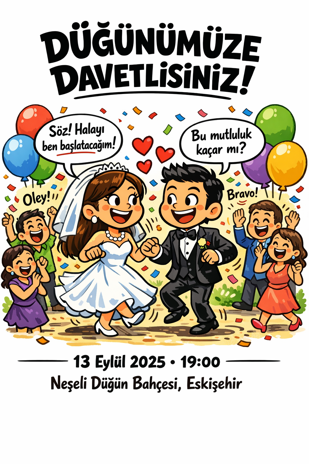 Burcu ve Samet'e ait, karikatür tarzında renkli ve eğlenceli bir düğün davetiyesi
