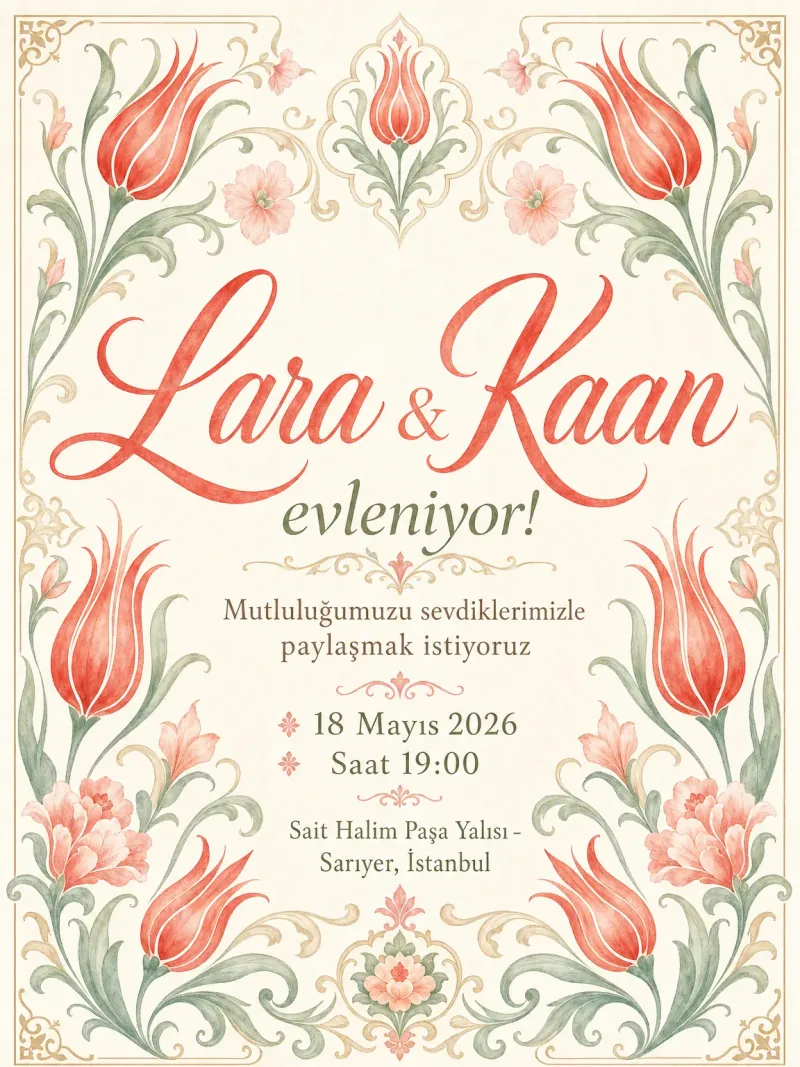 Stilize lale motifleri ile Osmanlı esintili modern düğün davetiyesi