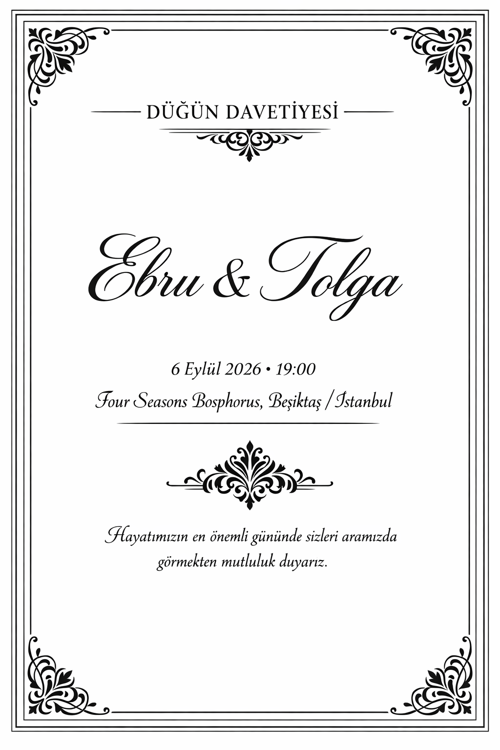 Siyah beyaz klasik düğün davetiyesi