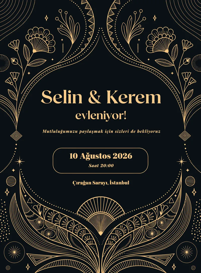 Lacivert zemin üzerine altın detaylı lüks düğün davetiyesi