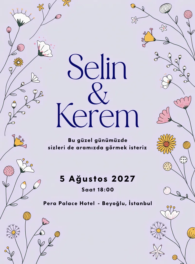 Lavanta arka planlı zarif minik çiçek aksanlı minimal düğün davetiyesi