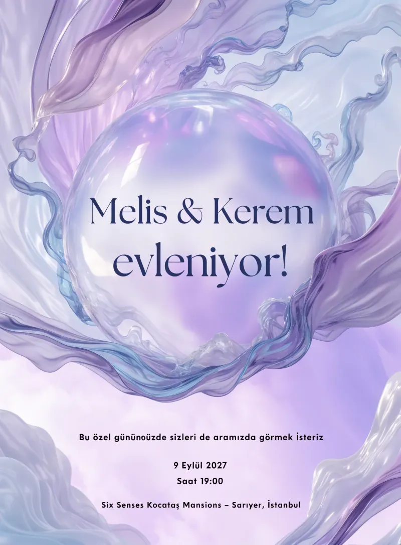 Lila ve bebe mavi tonlarında bulut dokusu rüya düğün davetiyesi