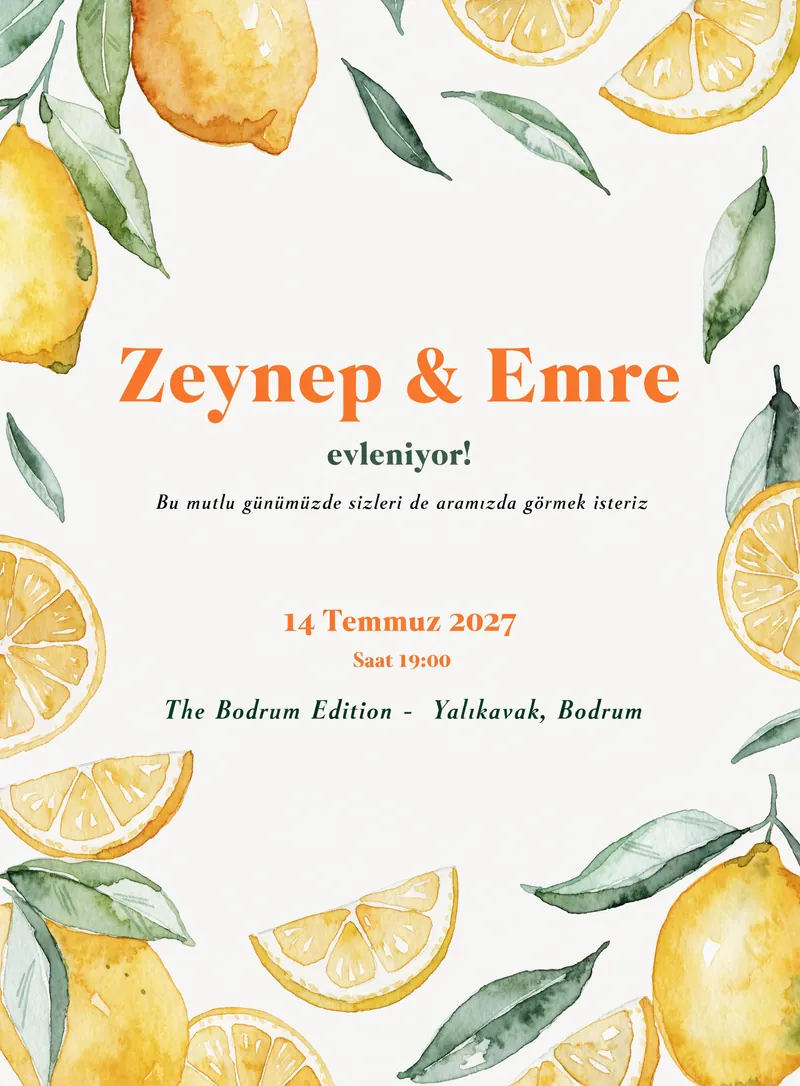 Limon temalı taze sarı ve yeşil yaz düğün davetiyesi