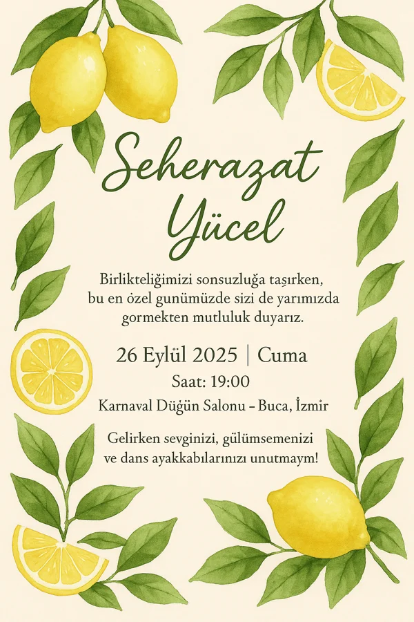 Kraft zarfta limon temalı düğün davetiyesi