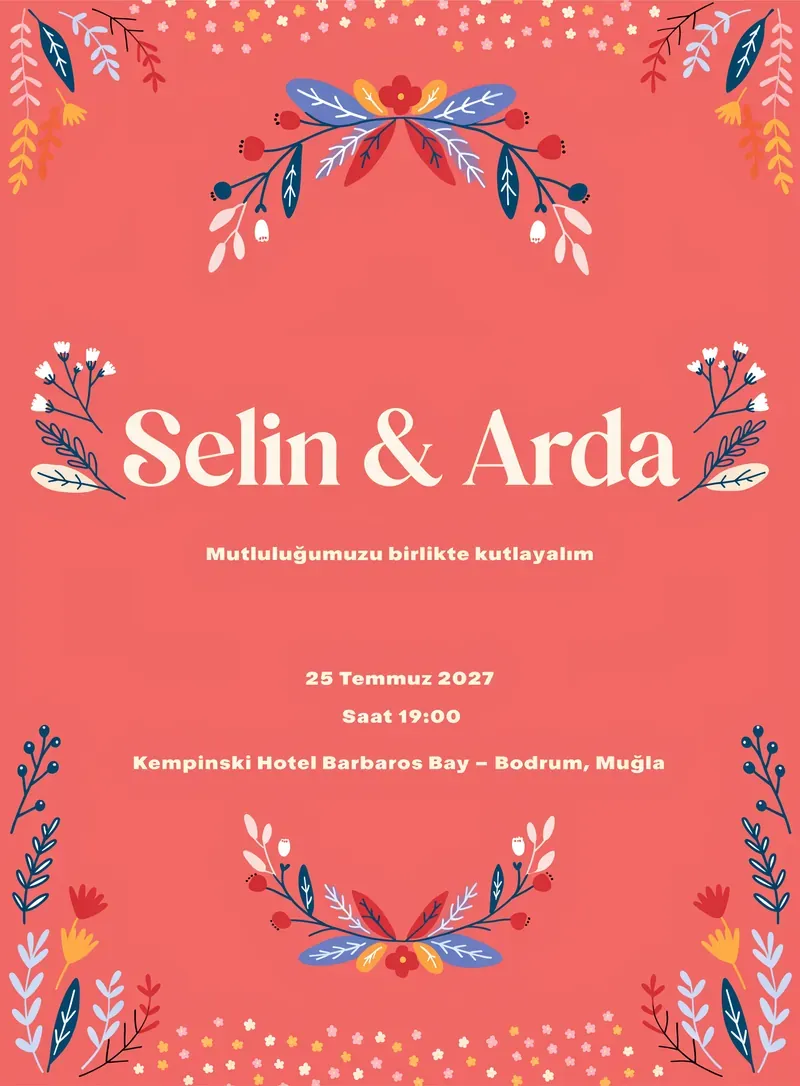 Mercan arka planlı minik çiçek nokta desenli minimal düğün davetiyesi